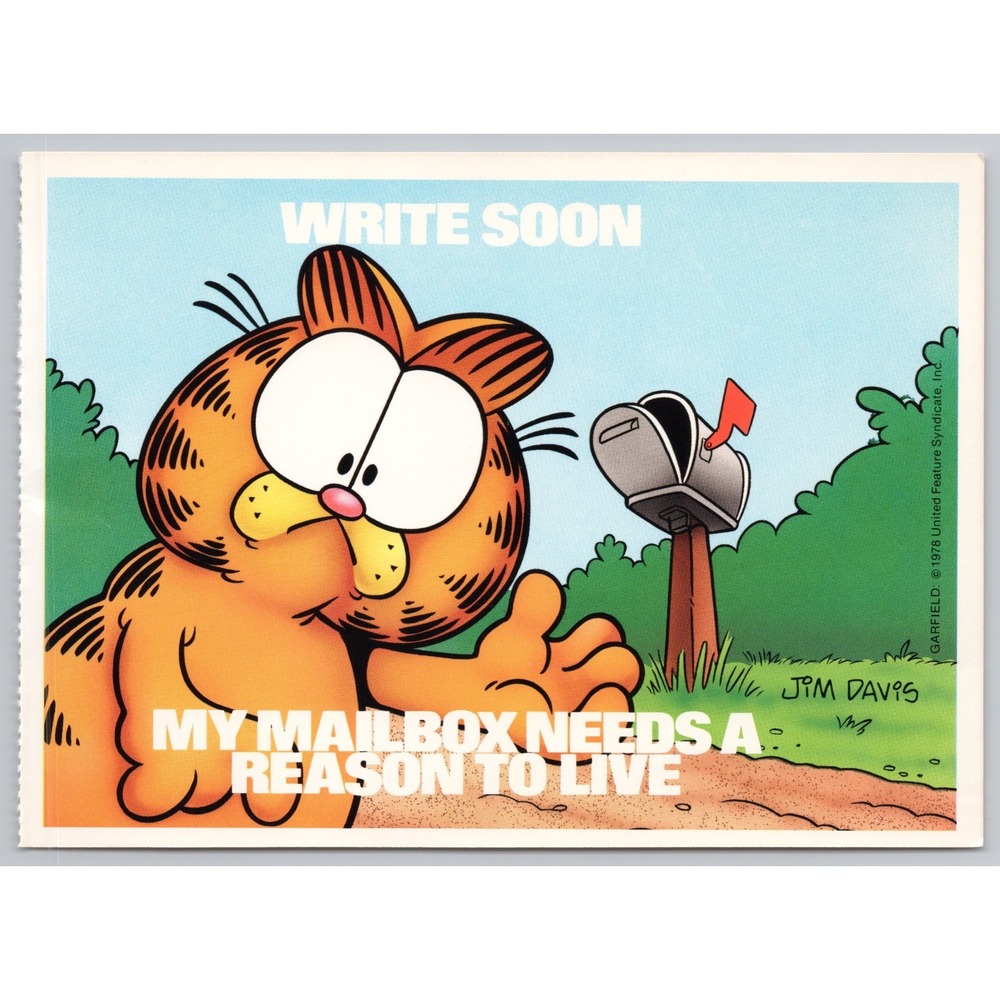 Vintage 1978 Garfield Postcard Jim Davis Write Soon Mailbox Sad Cat B1-23